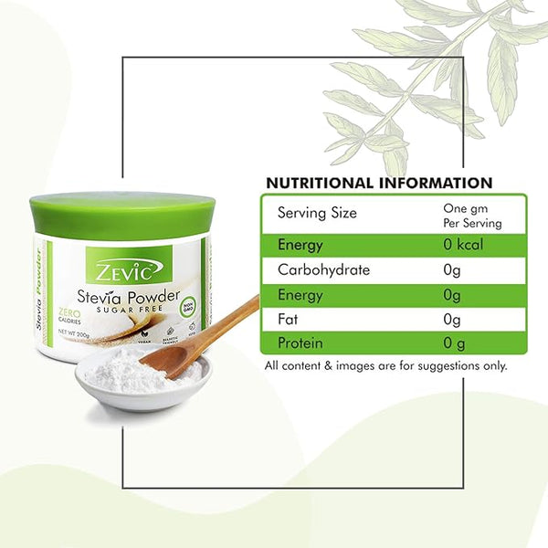 Zevic Stevia Sugar Free White Powder | Zero Calories | Vegan | 100% Natural Sweetener | Keto & Diabetic Friendly 300gm