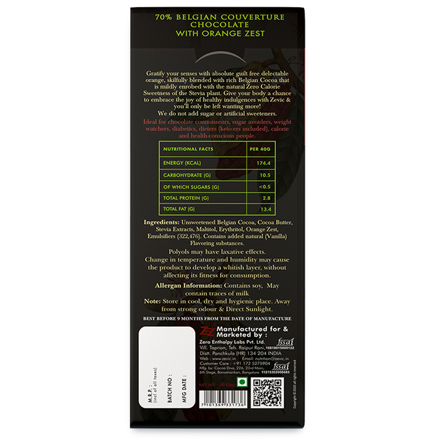70% Dark Belgian Couverture Chocolate with Orange Zest - 40 gms