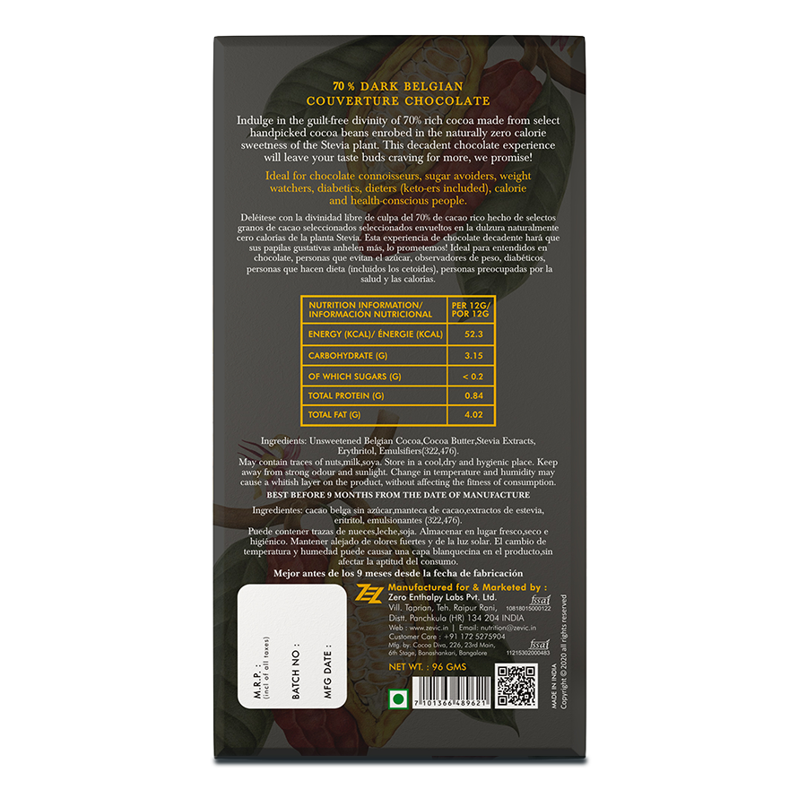 70% Dark Belgian Couverture Chocolate with Stevia- Classic Dark - 40 gms