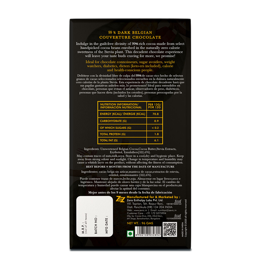 99% Dark Belgian Couverture Chocolate with Stevia- Classic Dark  - 96 gms