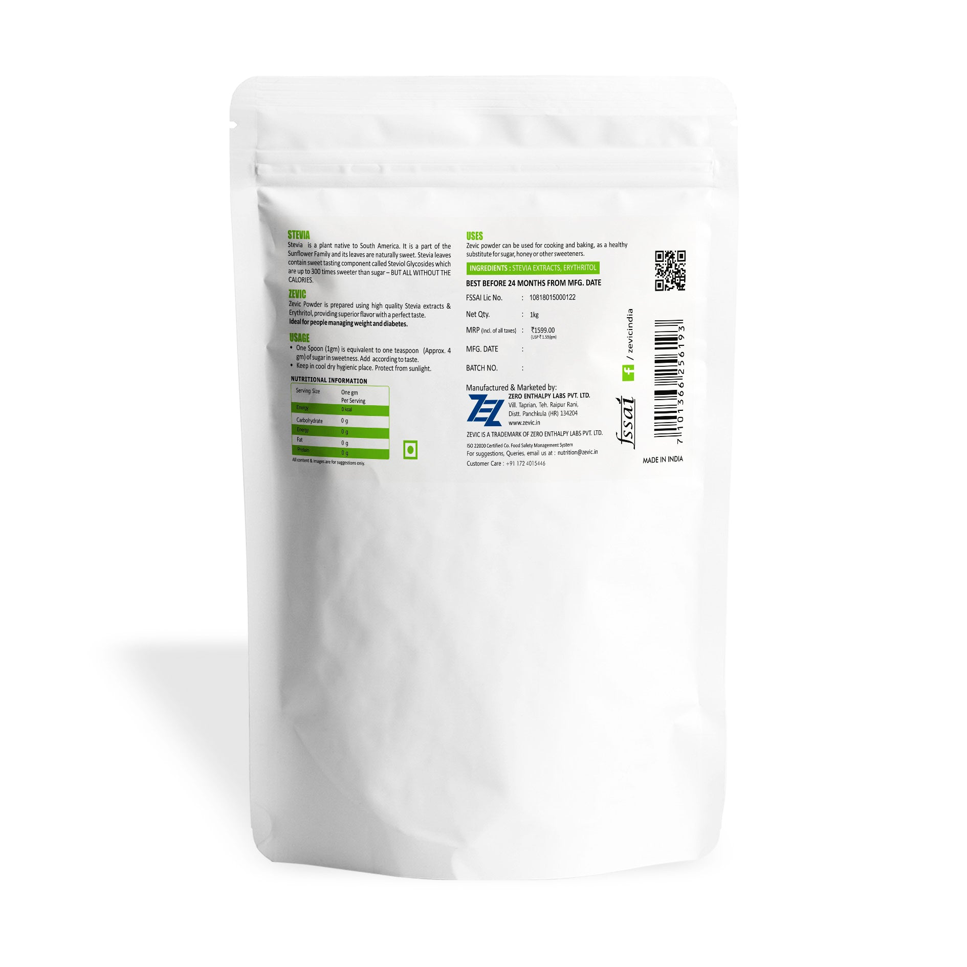 Zevic Stevia Sugar Free White Powder | Zero Calories | Vegan | 100% Natural Sweetener | Keto & Diabetic Friendly Sugarfree Sweetener - 1 Kg