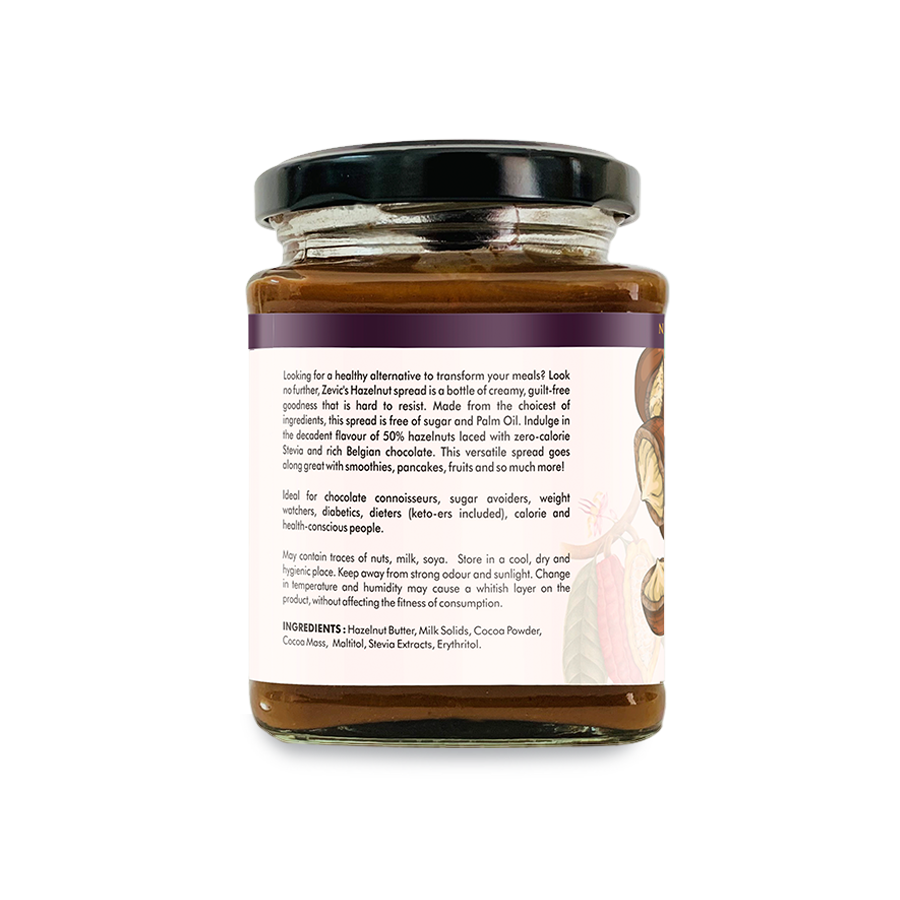 Zevic Sugar Free Belgian Keto Chocolate Hazelnut Spread with 50% Hazelnut, Natural Hazelnut Oil (No Palm oil) & No sugar 200 gm
