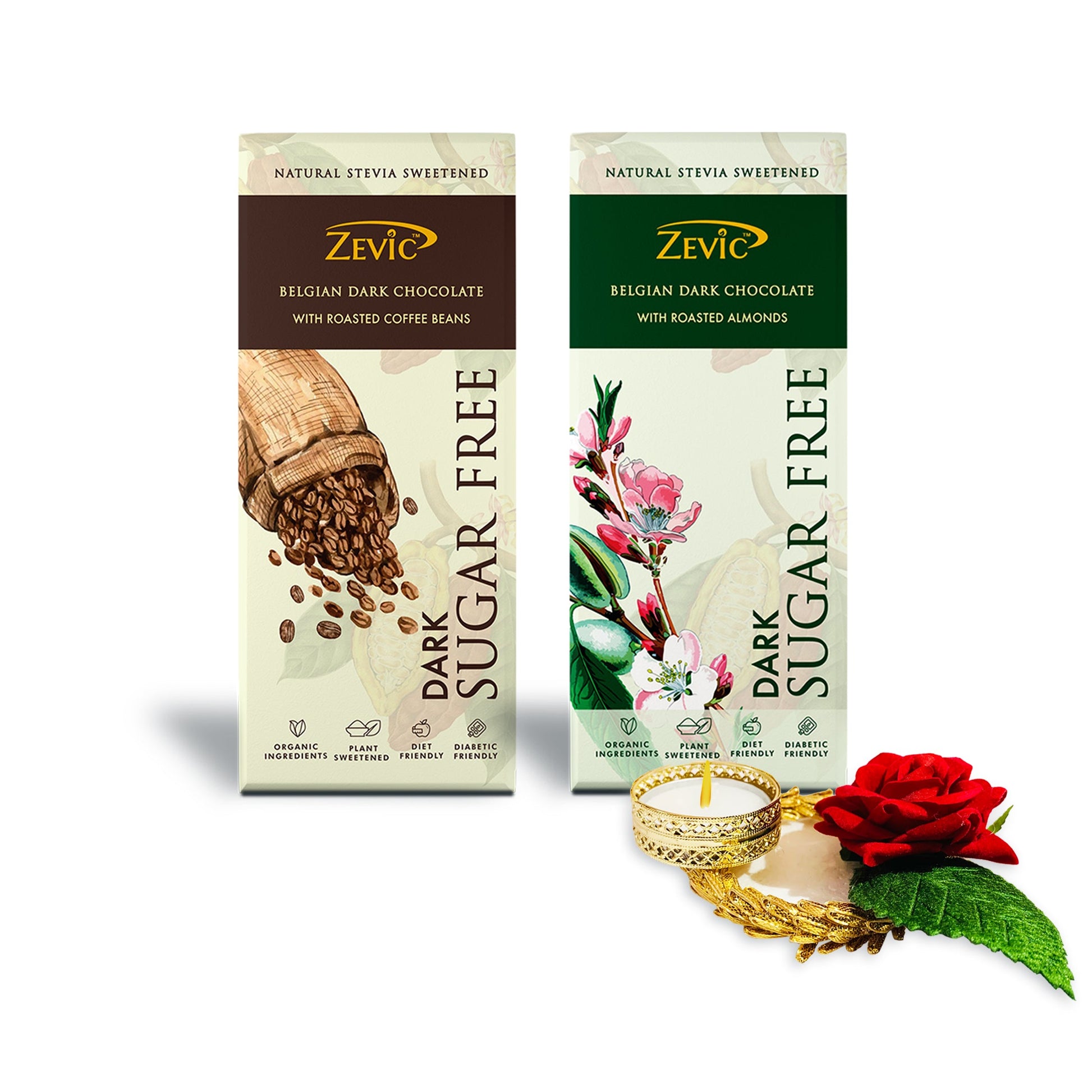 Zevic Chocolate Gift Packs Assorted Chocolate with Candle (Roasted Coffee Beans Chocolate with Stevia 40 gm + Roasted Almonds Chocolate with Stevia 40 gm)