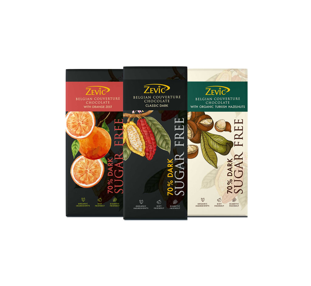Sugar Free Dark Chocolates Combo Pack | 70% Dark, Turkish Hazelnut, Orange Zest | 40g Each - (Pack of 3)
