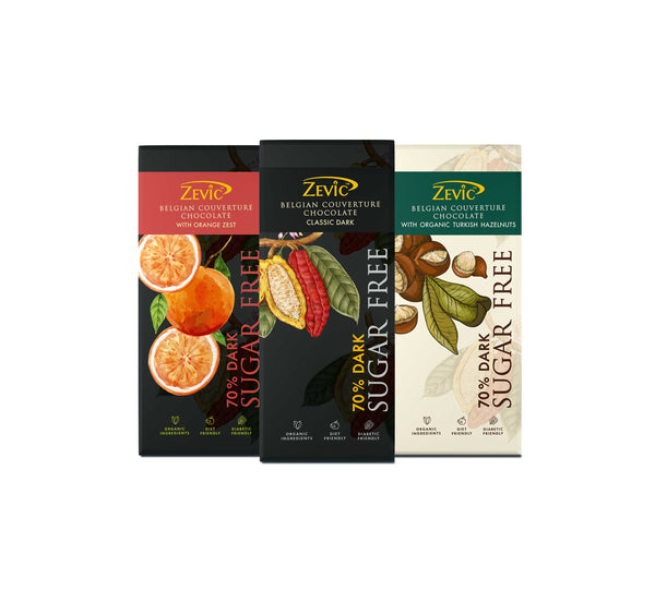Sugar Free Dark Chocolates Combo Pack | 70% Dark, Turkish Hazelnut, Orange Zest | 40g Each - (Pack of 3)