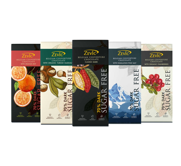 Sugar Free 70% Dark Chocolates Combo Pack | 70% Organic Cranberries, Classic Dark, Turkish Hazelnut, Orange Zest & Himalayan Pink Salt - (Pack of 5)