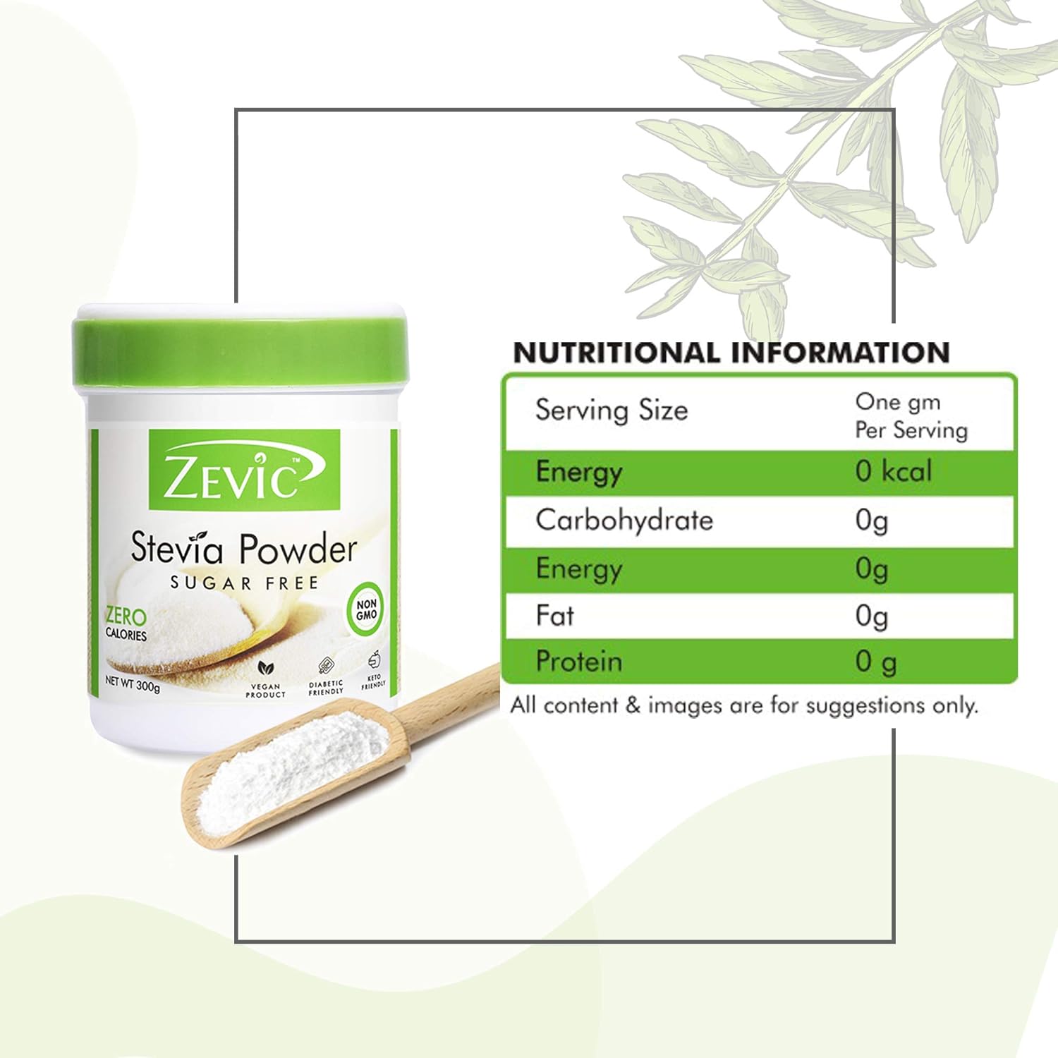 Zevic Stevia Sugar Free White Powder | Zero Calories | Vegan | 100% Natural Sweetener | Keto & Diabetic Friendly 300gm Pack of 3