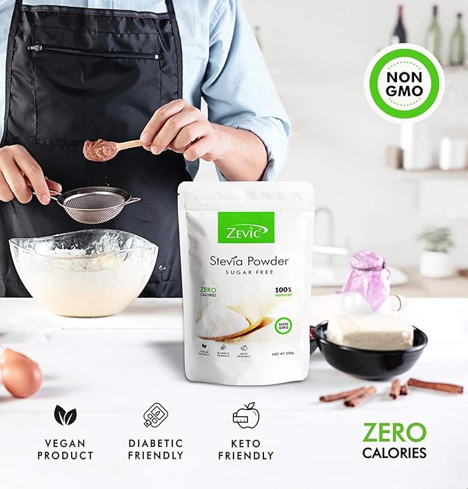 Zevic Stevia Powder – 500g | 100% Natural Zero-Calorie Sweetener | Diabetic-Friendly | Sugar Substitute for Cooking, Baking & Beverages