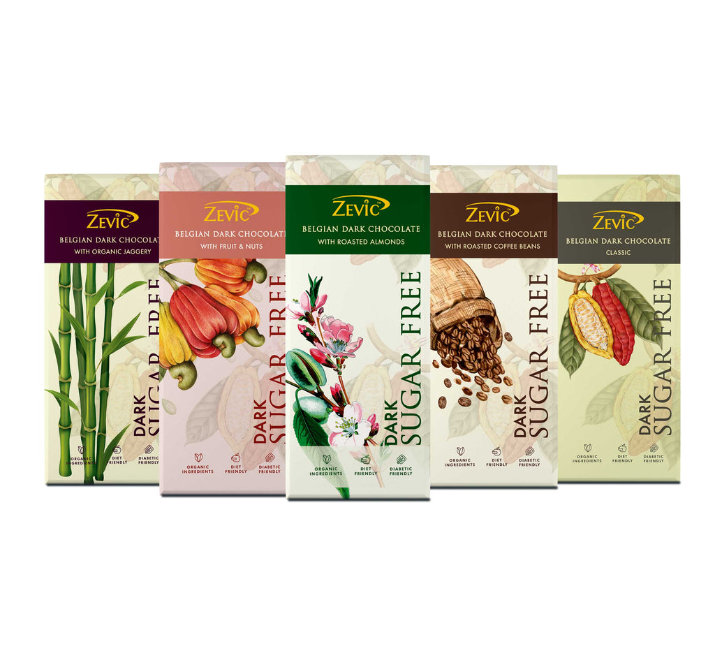 Sugar Free Dark Chocolates Combo Pack | Roasted Almond, Coffee Beans, Jaggery, Classic & Fruit and Nuts Chocolates Combo Pack, 40g Each - (Pack of 5)