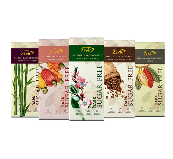 Sugar Free Dark Chocolates Combo Pack | Roasted Almond, Coffee Beans, Jaggery, Classic & Fruit and Nuts Chocolates Combo Pack, 40g Each - (Pack of 5)