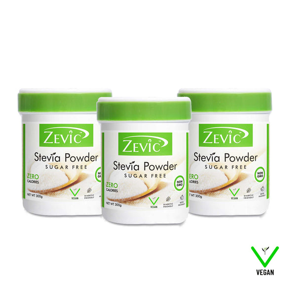 Zevic Stevia Sugar Free White Powder | Zero Calories | Vegan | 100% Natural Sweetener | Keto & Diabetic Friendly 300gm Pack of 3