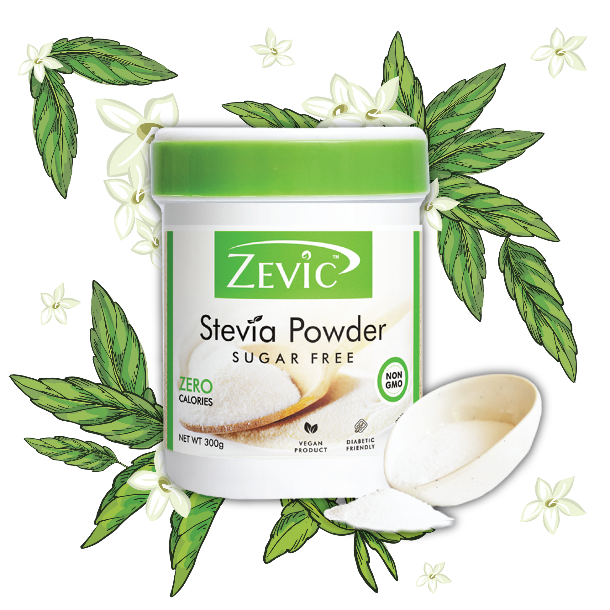 Zevic Stevia Sugar Free White Powder | Zero Calories | Vegan | 100% Natural Sweetener | Keto & Diabetic Friendly 300gm