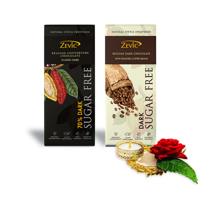 Zevic Diwali Chocolate Gift Packs Assorted Chocolate with Candle (70% Dark Belgian Sugar free Chocolate 40 gm + Roasted Coffee Beans Chocolate with Stevia 40 gm)