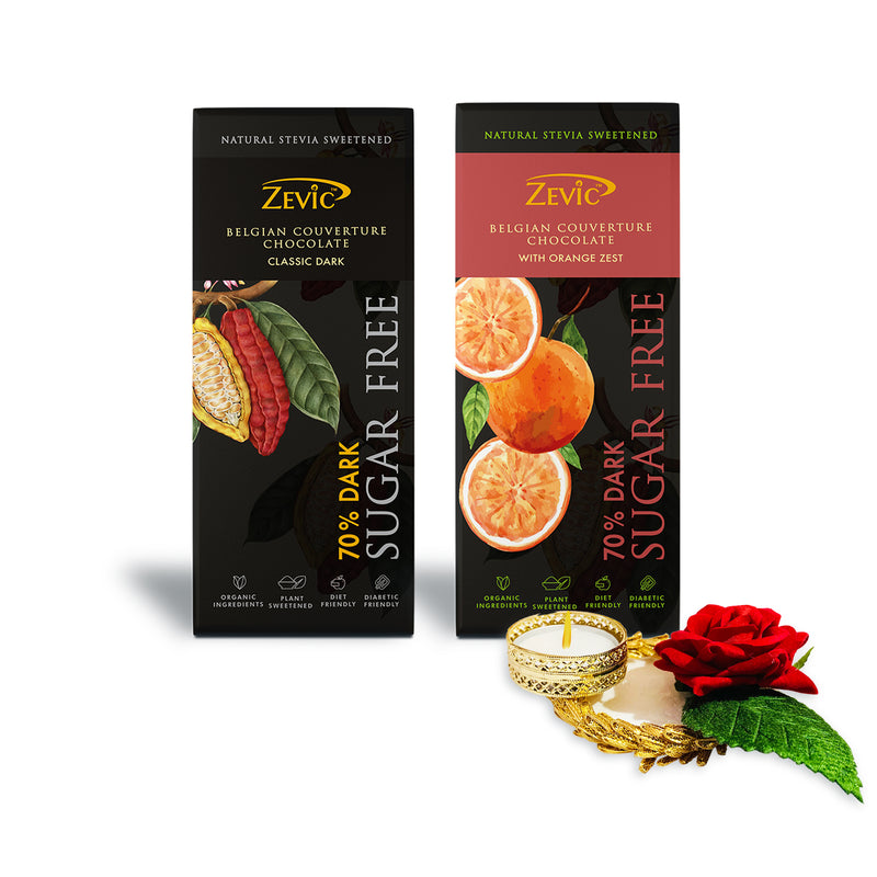 Zevic Chocolate Gift Packs Assorted Chocolate with Candle (70% Belgian Dark Chocolate with Stevia 40 gm + 70% Orange Zest Belgian Dark Chocolate with Stevia 40 gm)