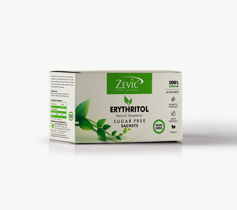 Erythritol 100% Natural Stevia Sugar Free Sachets | Vegan & Zero Calorie | Keto & Diabetic Friendly - 60 Sachets